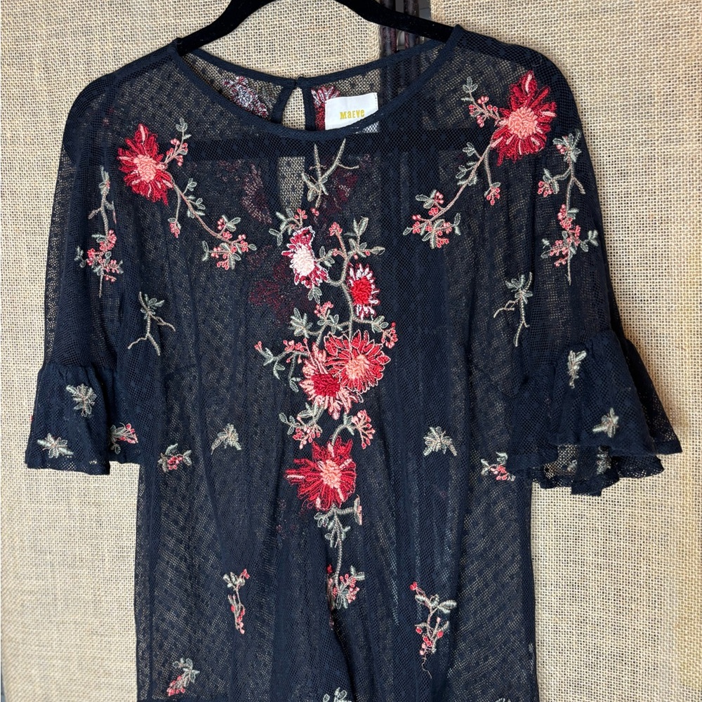 Maeve Anthro Sheer black blouse top Embroidery whimsy goth witchy cottage  small